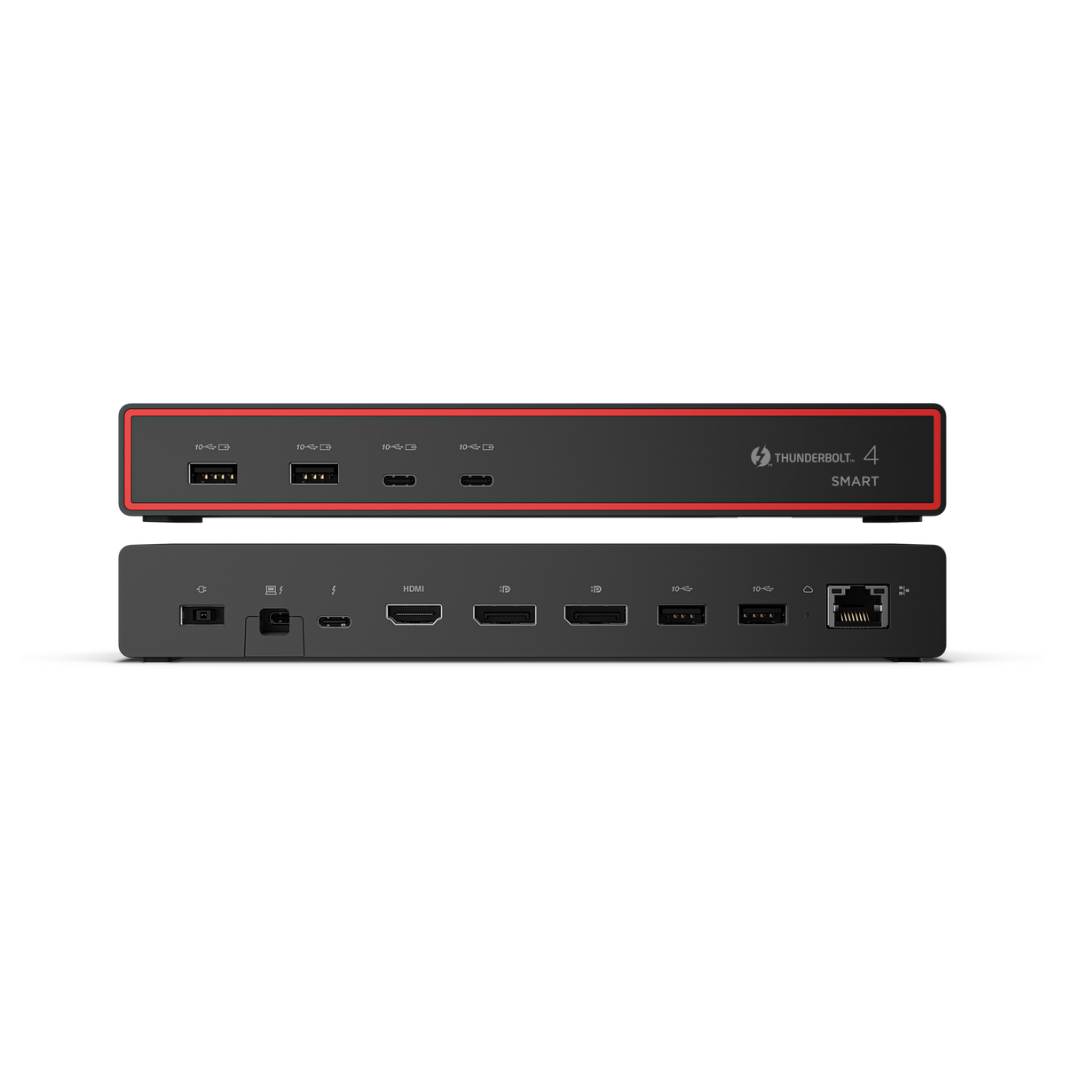 Zwei Thunderbolt 4 Dockingstationen mit Anschlüssen wie USB-A, USB-C, HDMI und Ethernet.