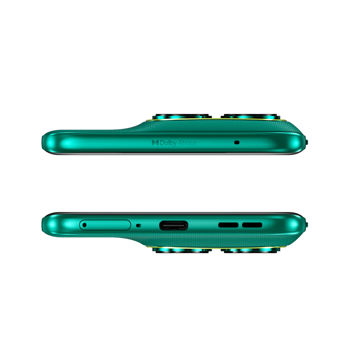 Dos vistas de un smartphone turquesa con logo Dolby Atmos y puertos.