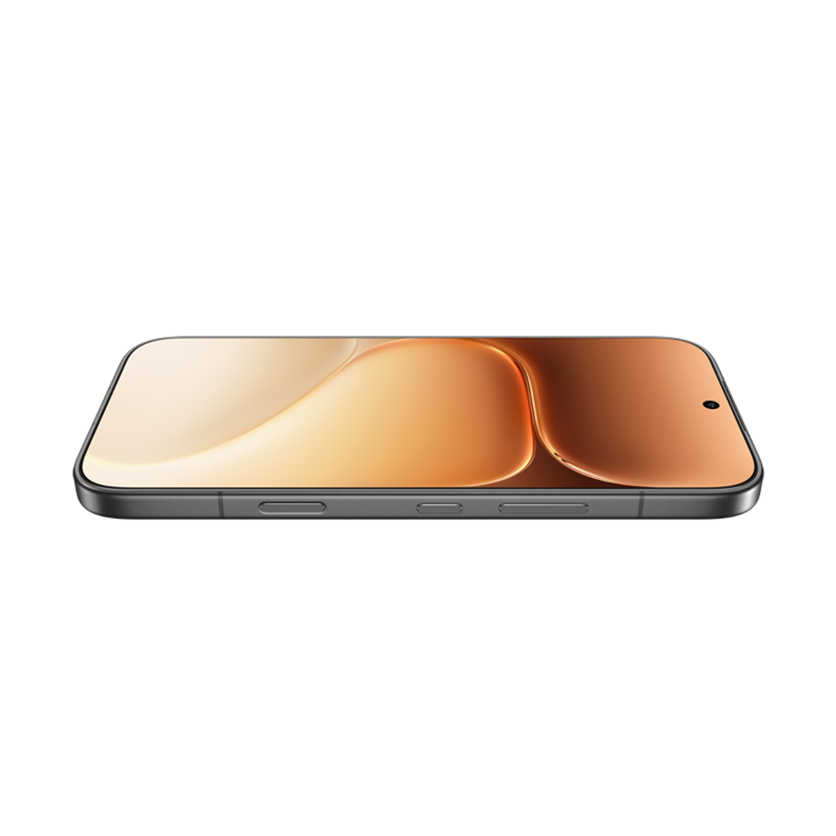 Un smartphone gris con pantalla curva que muestra patrones dorados.