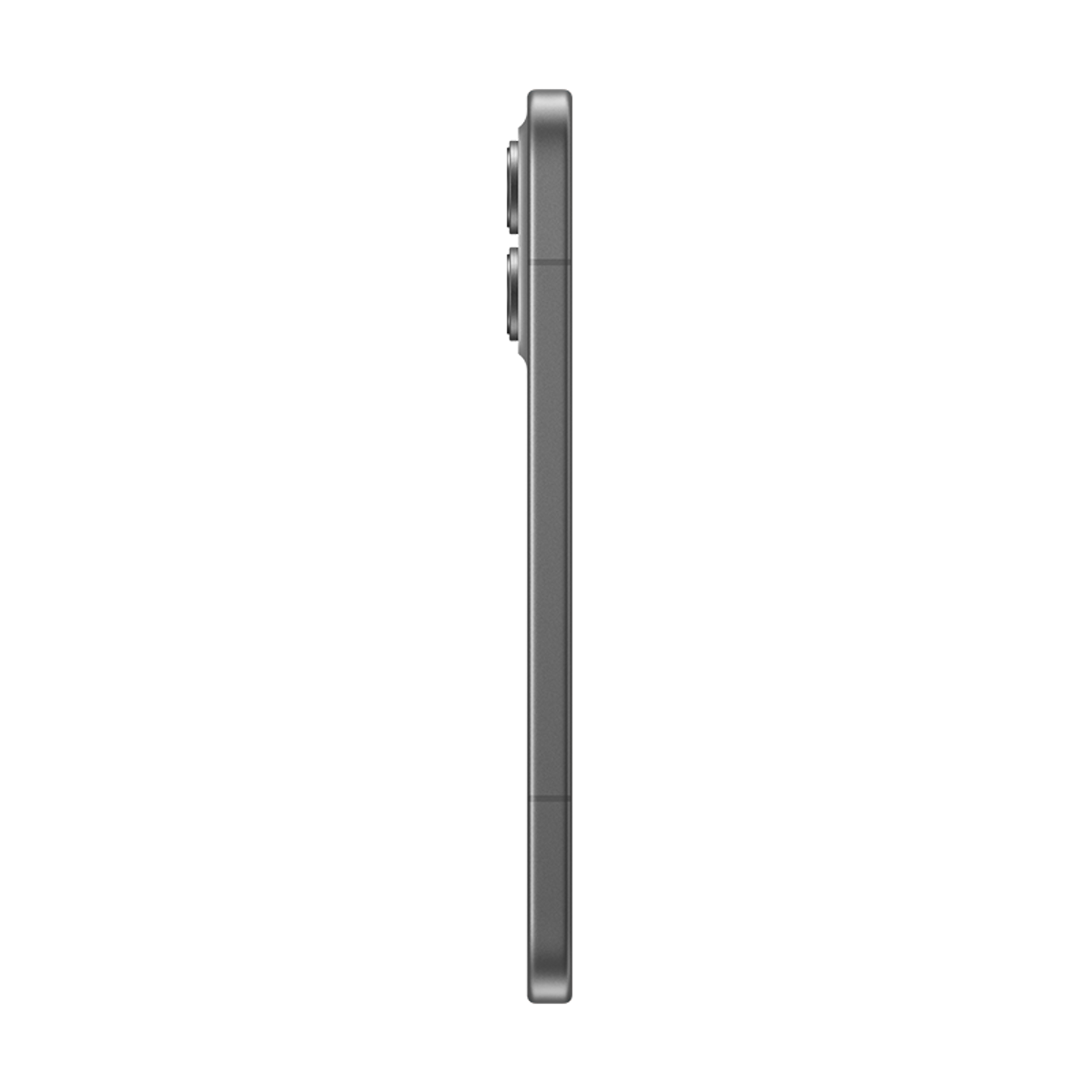 Teléfono inteligente gris visto de perfil con cámaras visibles sobre fondo negro.