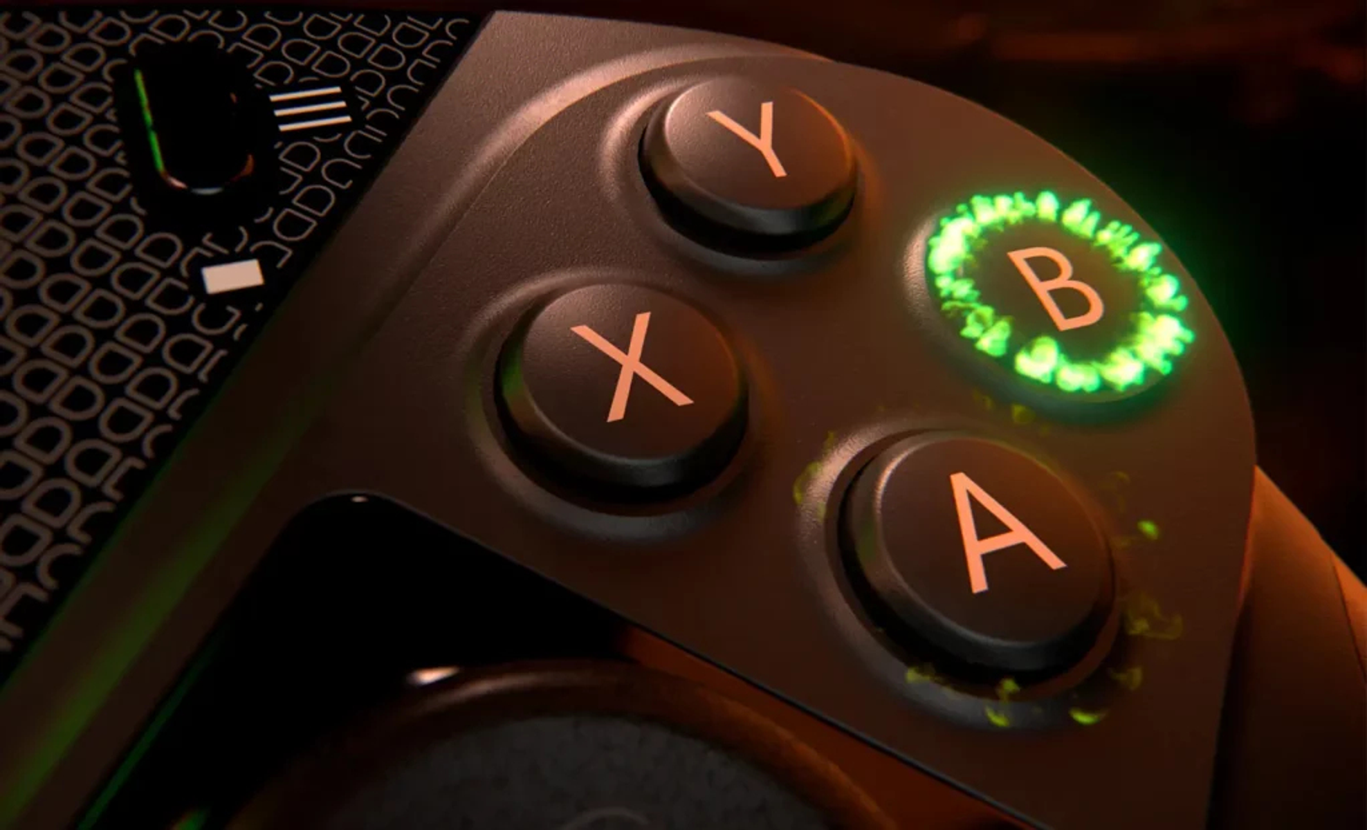 Nahaufnahme eines dunklen Controllers mit beleuchteten Tasten A, B, X und Y.