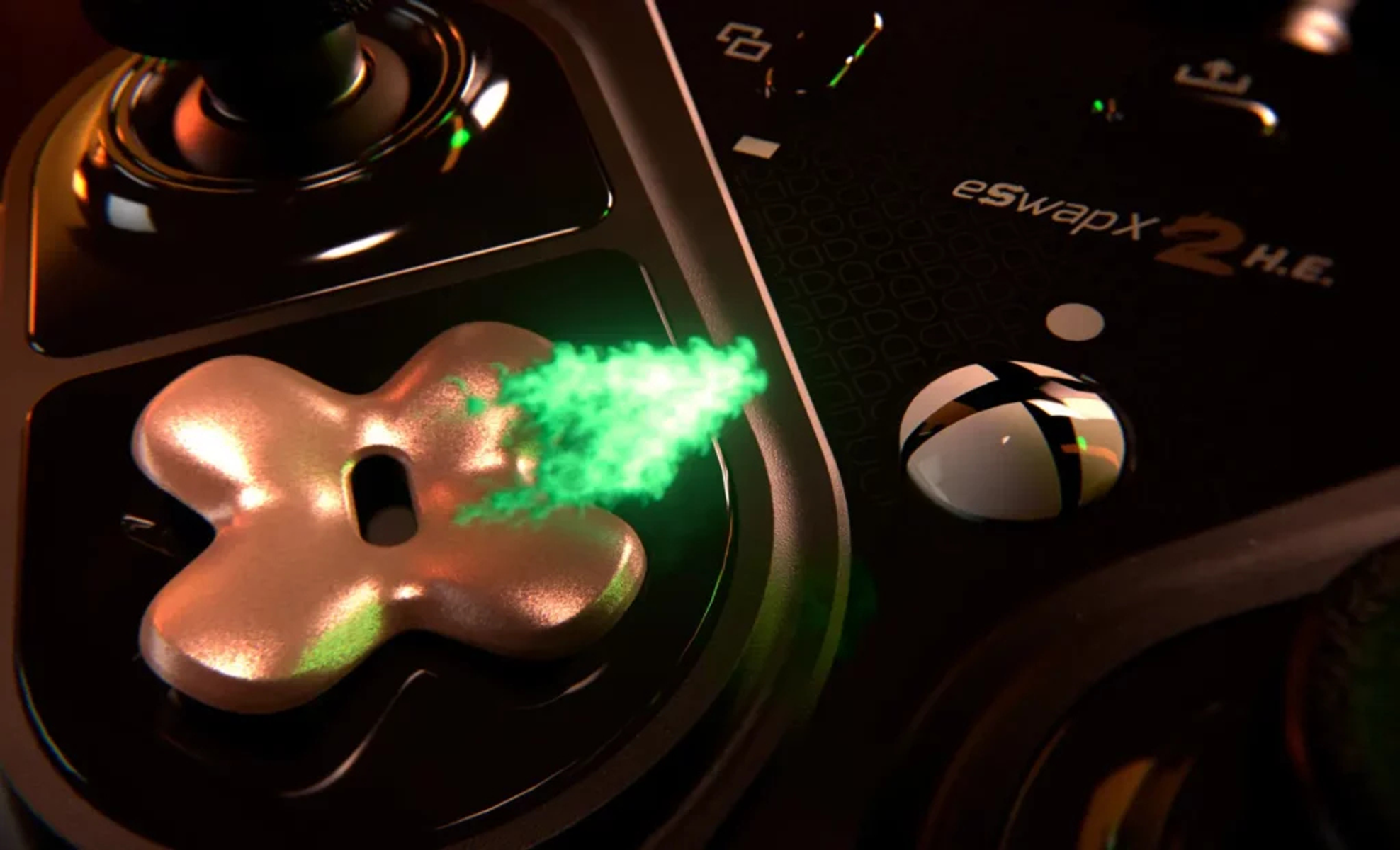 Ein goldener Steuerkreuz-Knopf mit grünem Rauch auf einem schwarzen Controller.