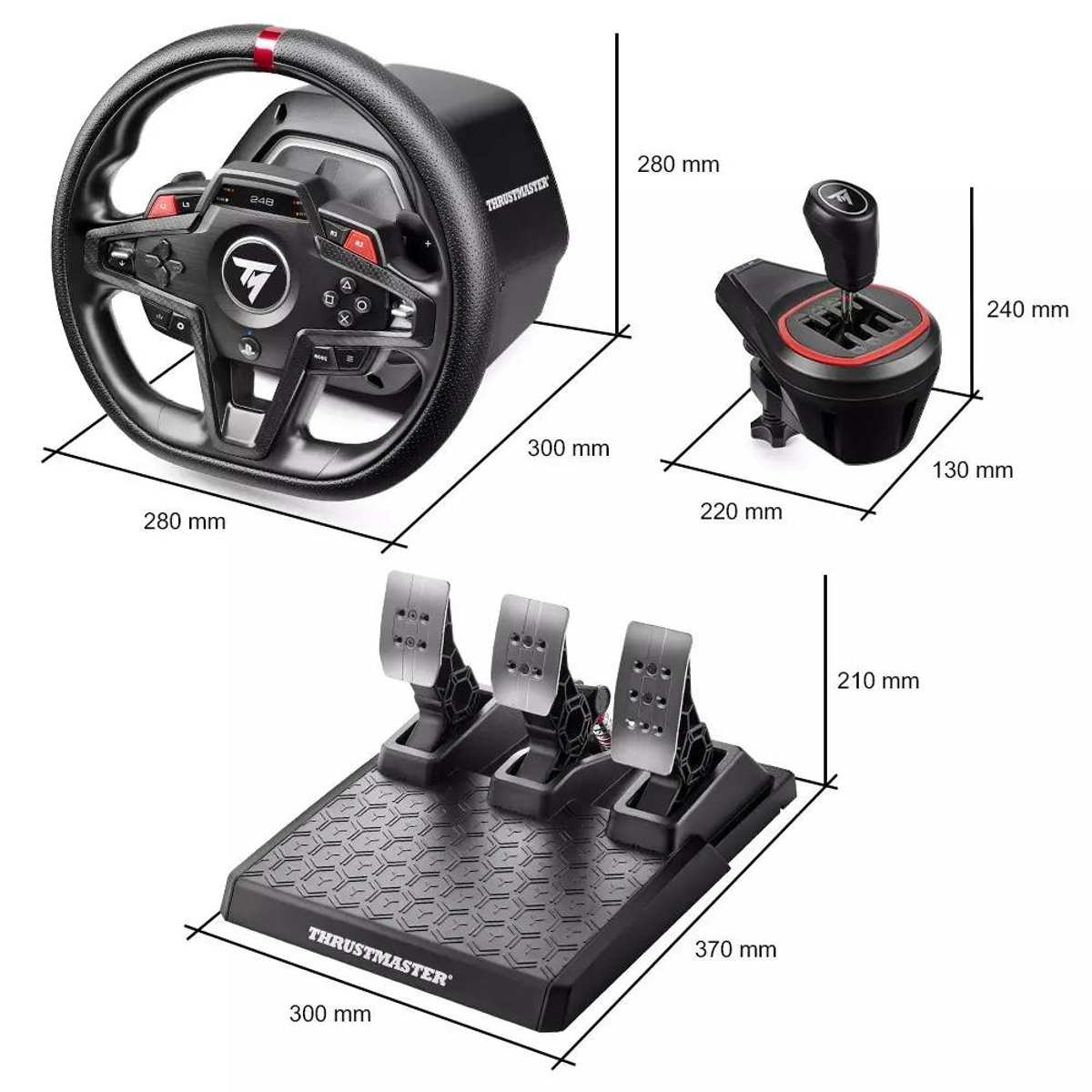 Een Thrustmaster racestuur, schakelpook en pedaalset met afmetingen.