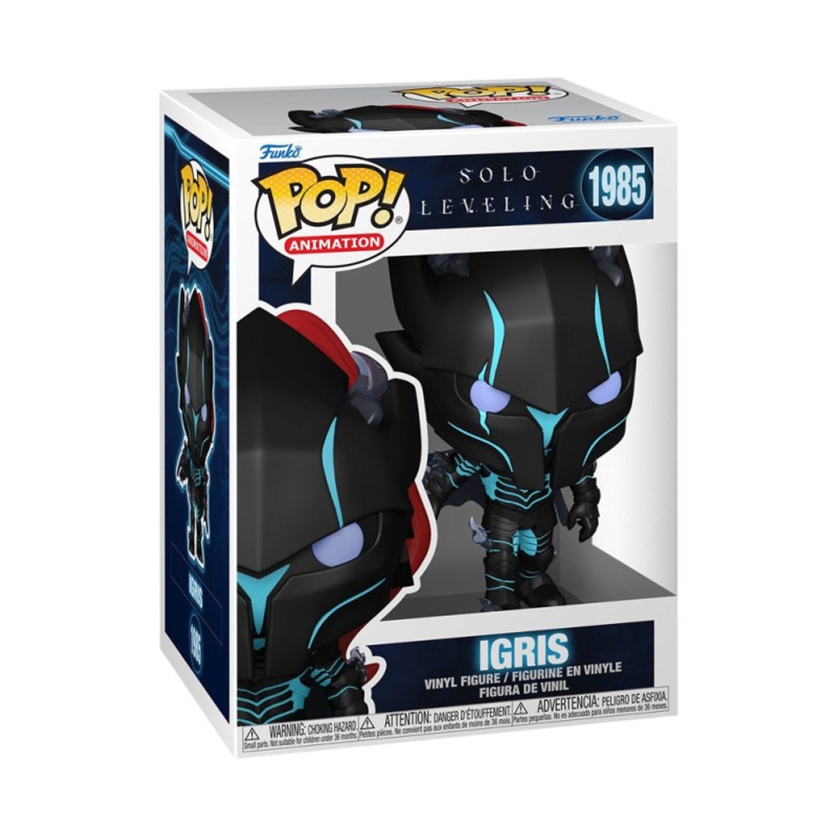 Funko Pop! Vinyl Figur von Igris aus Solo Leveling in schwarzer Rüstung mit blauen Akzenten.