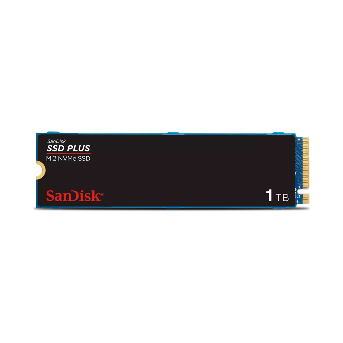 SanDisk SSD PLUS 1TB M.2 NVMe SSD w niebieskiej obudowie i złotych złączach.