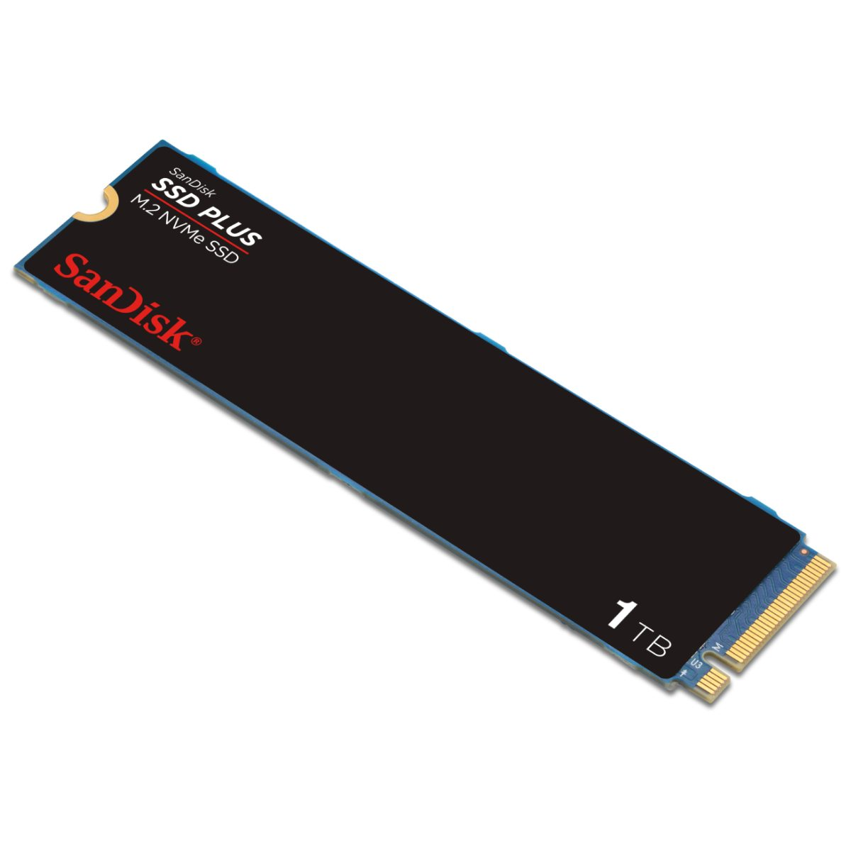 Czarny dysk SanDisk SSD PLUS 1TB M.2 NVMe SSD na białym tle.