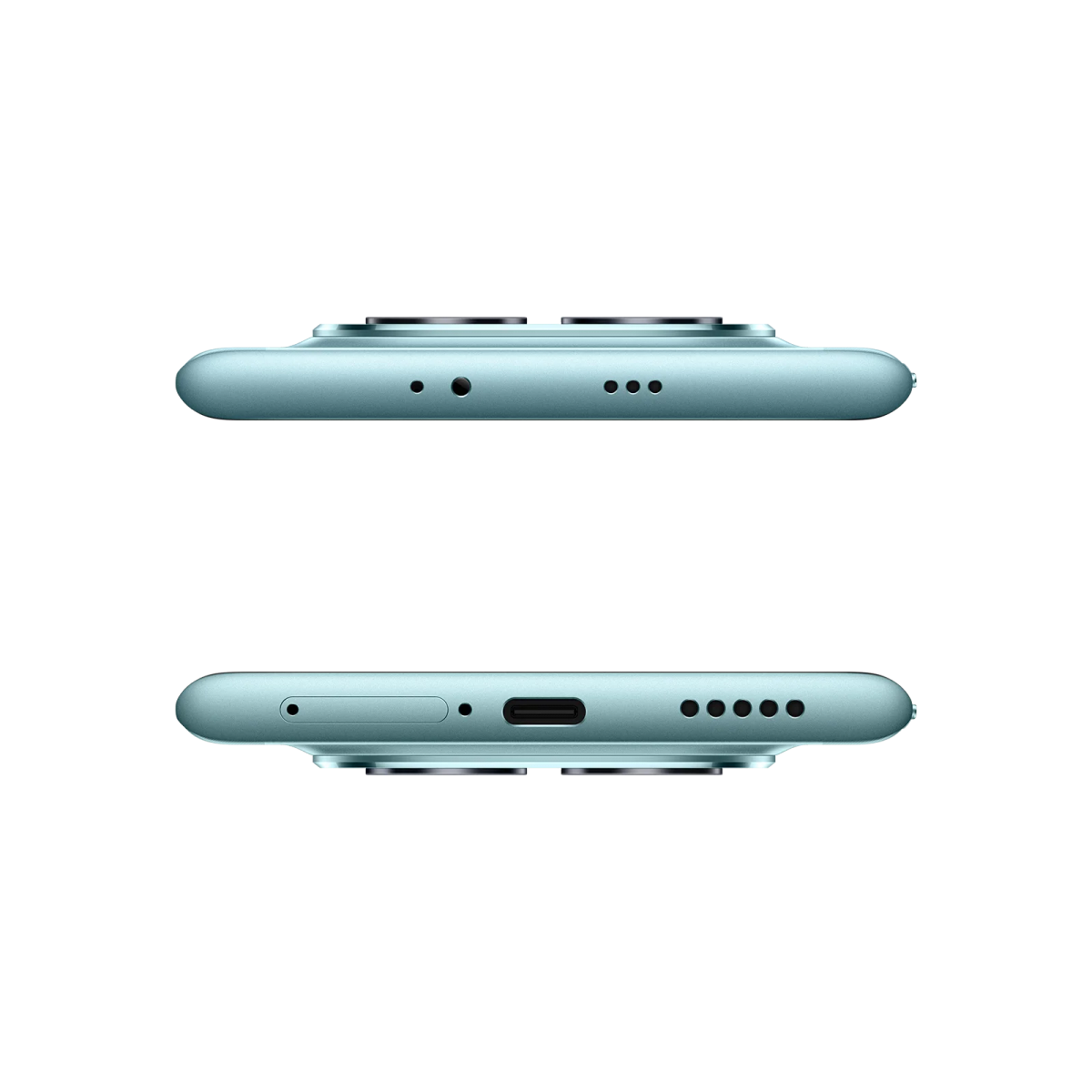 Ober- und Unteransicht eines hellblauen Smartphones mit Anschlüssen und Lautsprechergittern.
