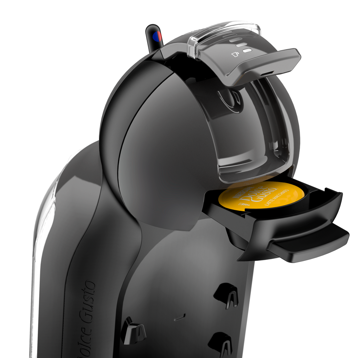 Eine schwarze Dolce Gusto Kaffeemaschine mit eingelegter gelber Latte Macchiato Kapsel.