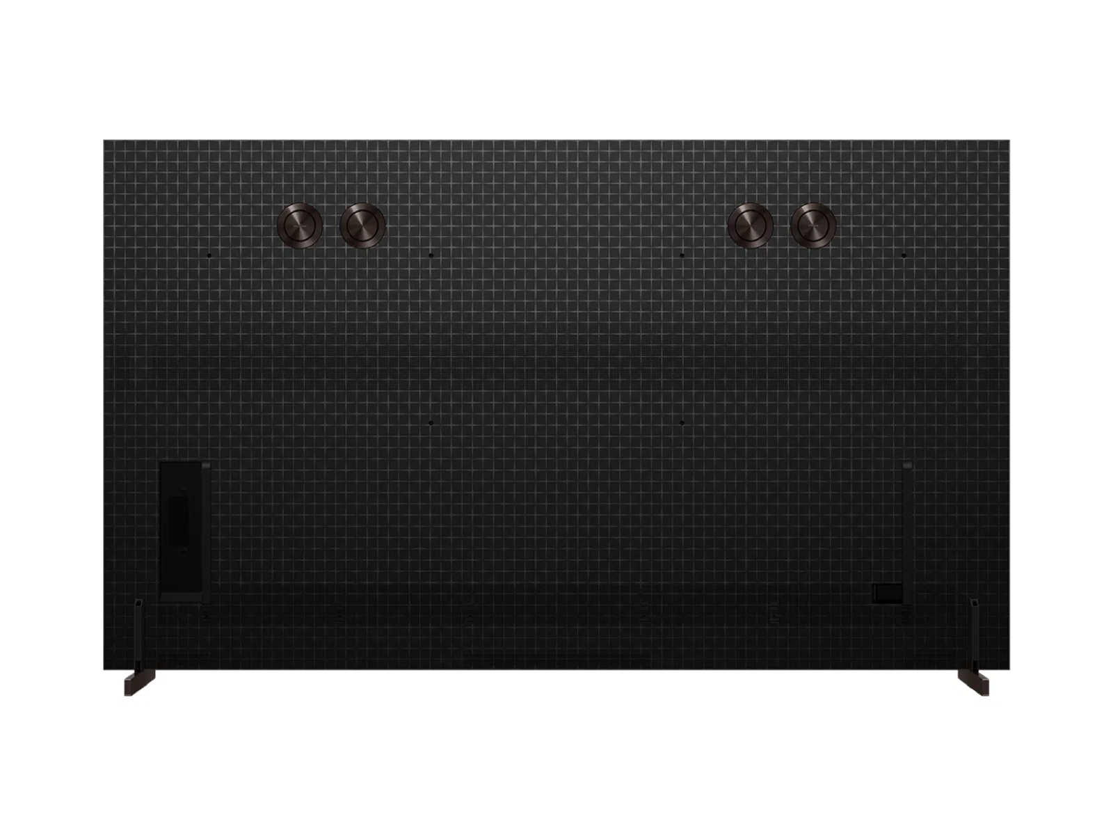 Parte trasera de un televisor negro con patrón de cuadros y cuatro altavoces redondos.