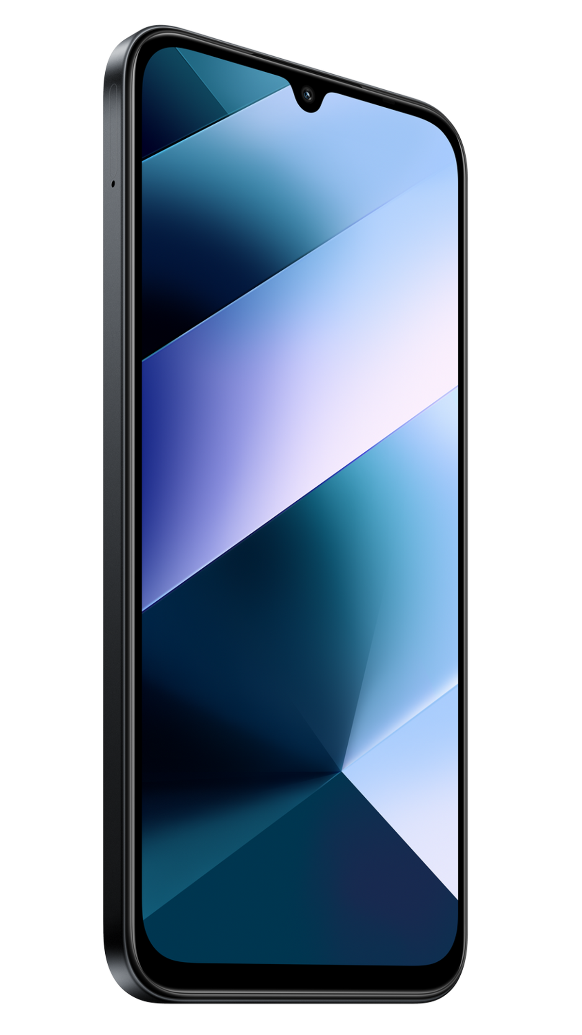 Een smartphone met een abstracte blauwe en witte achtergrond op het scherm.