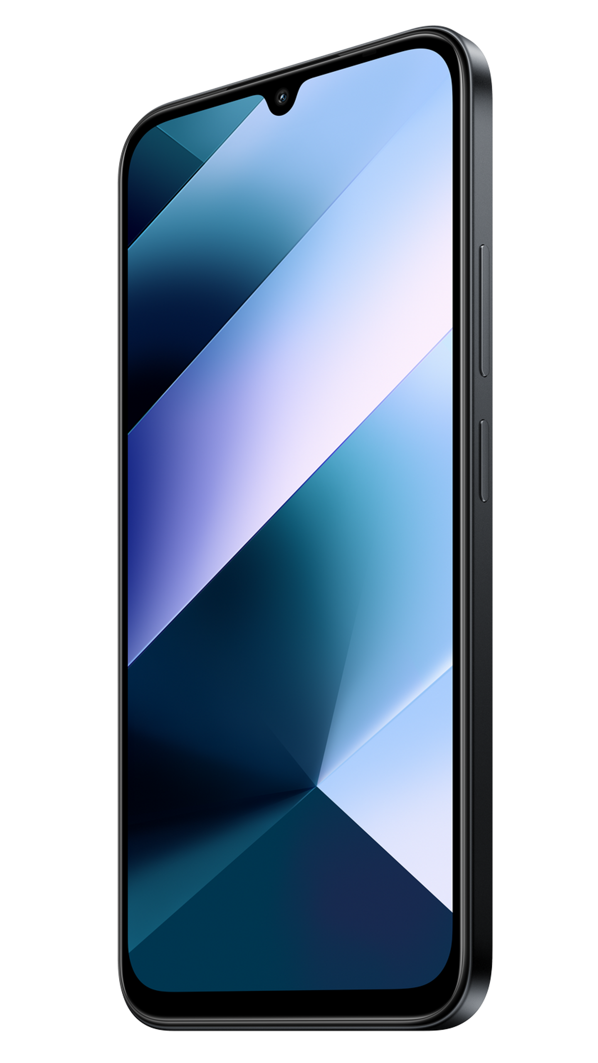 Een zwarte smartphone met een blauw-witte achtergrond van de zijkant getoond.