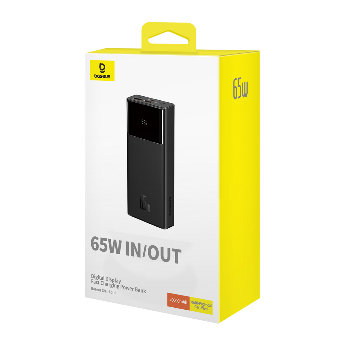 Embalaje negro de power bank con borde amarillo, muestra una power bank de 65W.