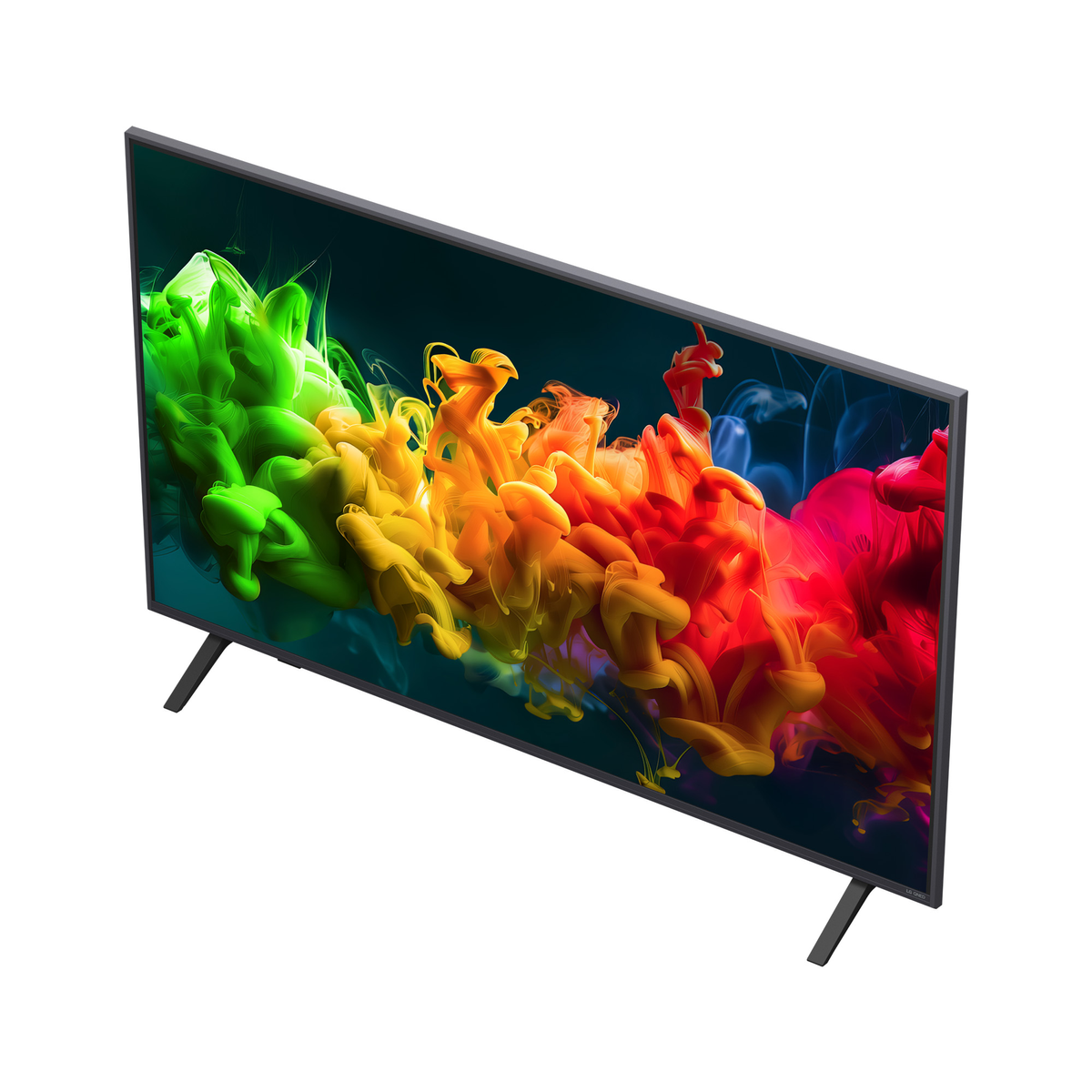 Un televisor moderno con un diseño de humo colorido en la pantalla.