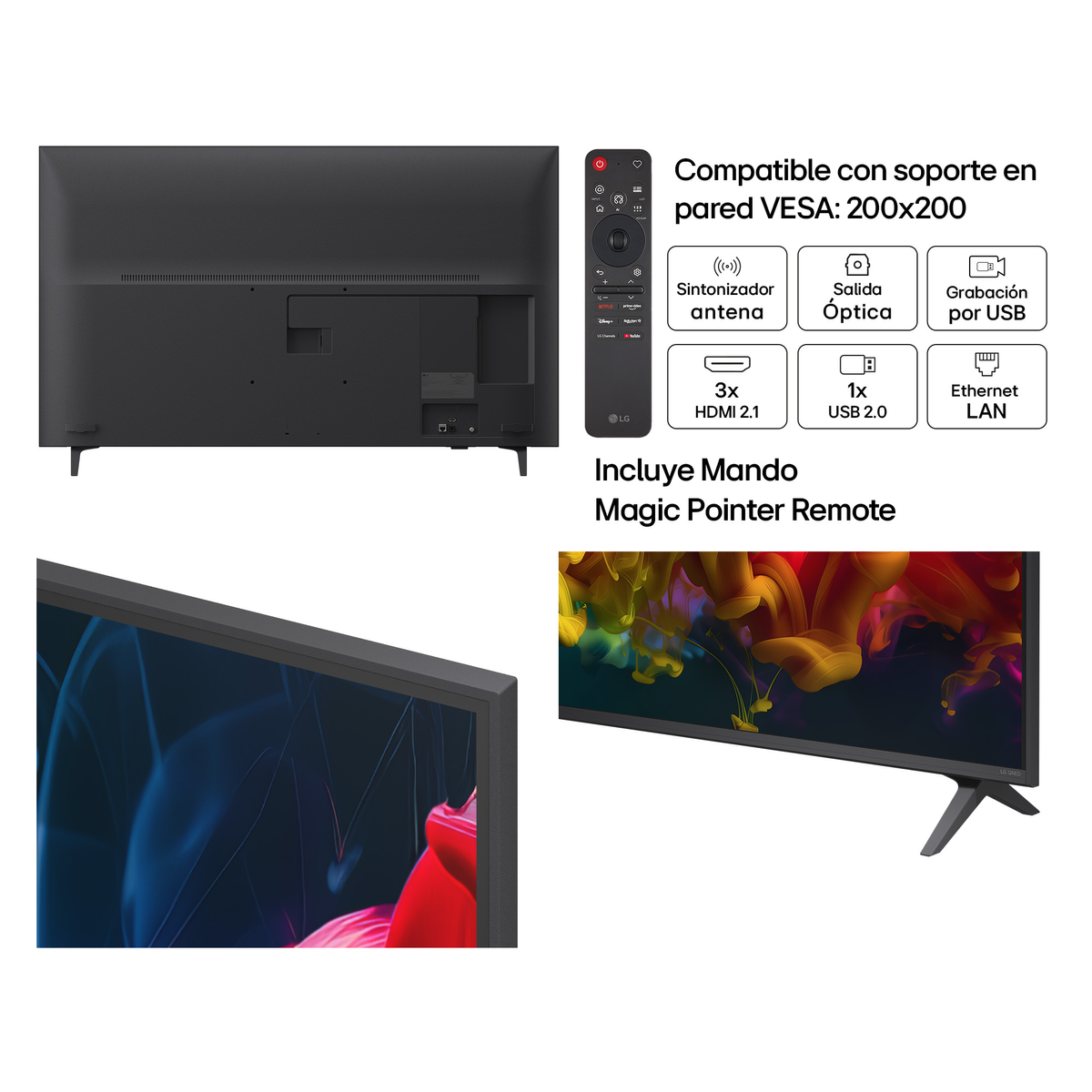 Vista trasera TV LG, mando y detalles de conexión. Compatible VESA. Incluye Magic Remote.