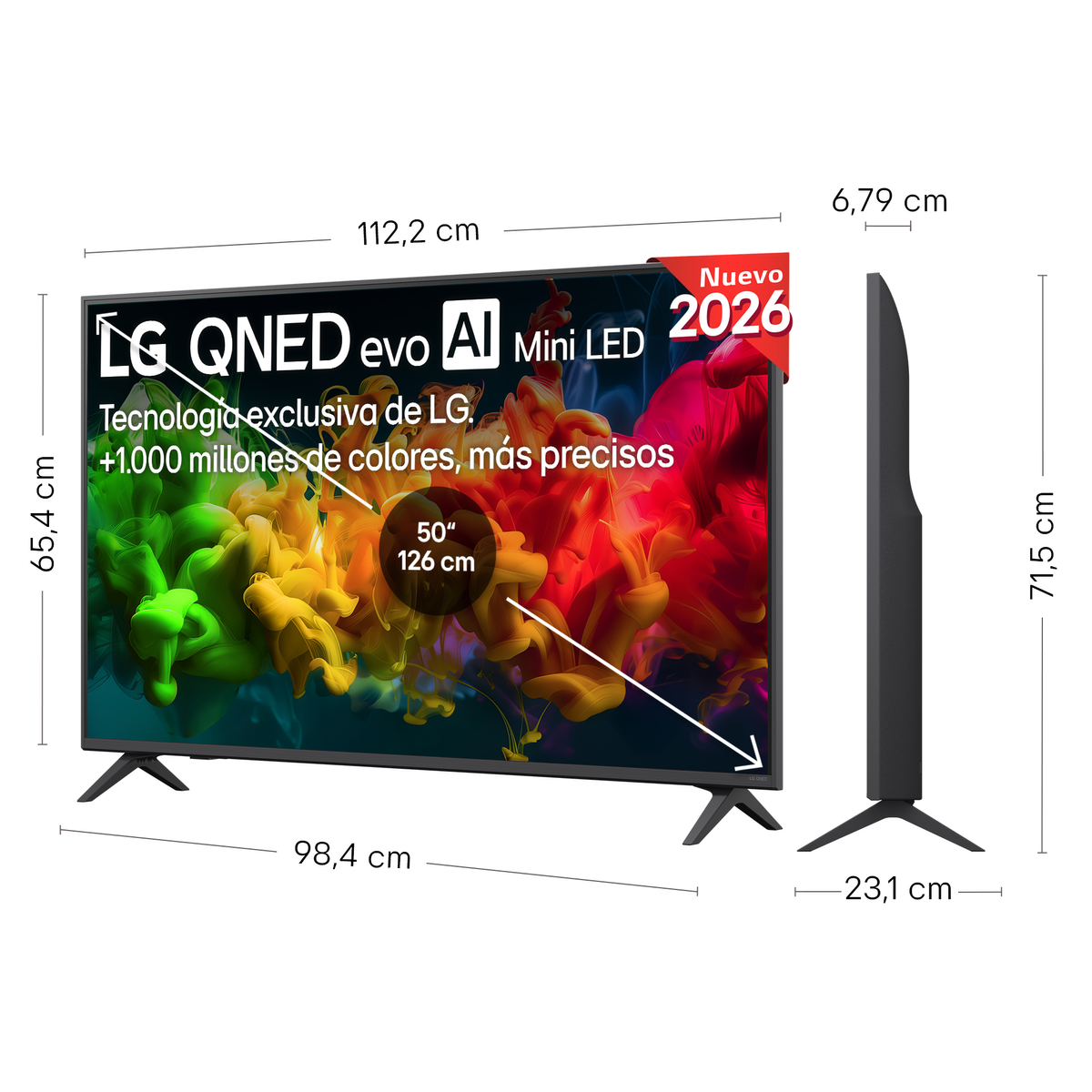 TV LG QNED de 50 pulgadas con Mini LED, 112,2 cm ancho, 65,4 cm alto, 23,1 cm prof.