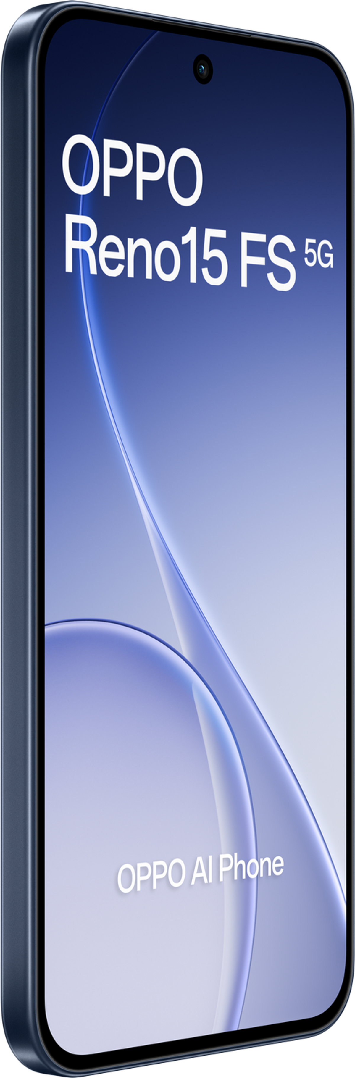 Un telefono OPPO Reno15 FS 5G scuro con la scritta OPPO AI Phone.