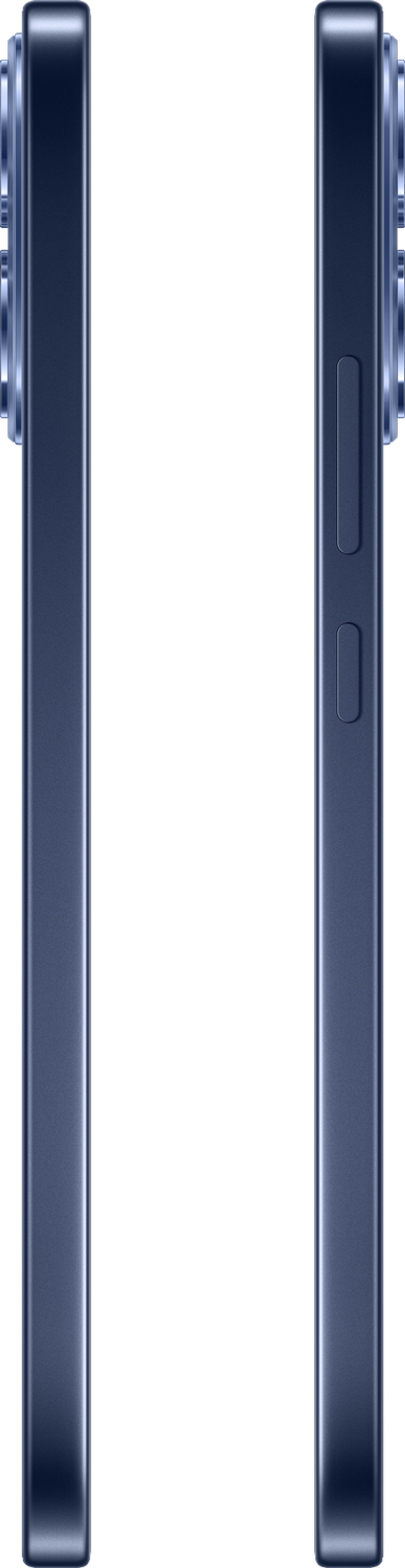 Tre smartphone blu uno accanto all'altro su sfondo nero.