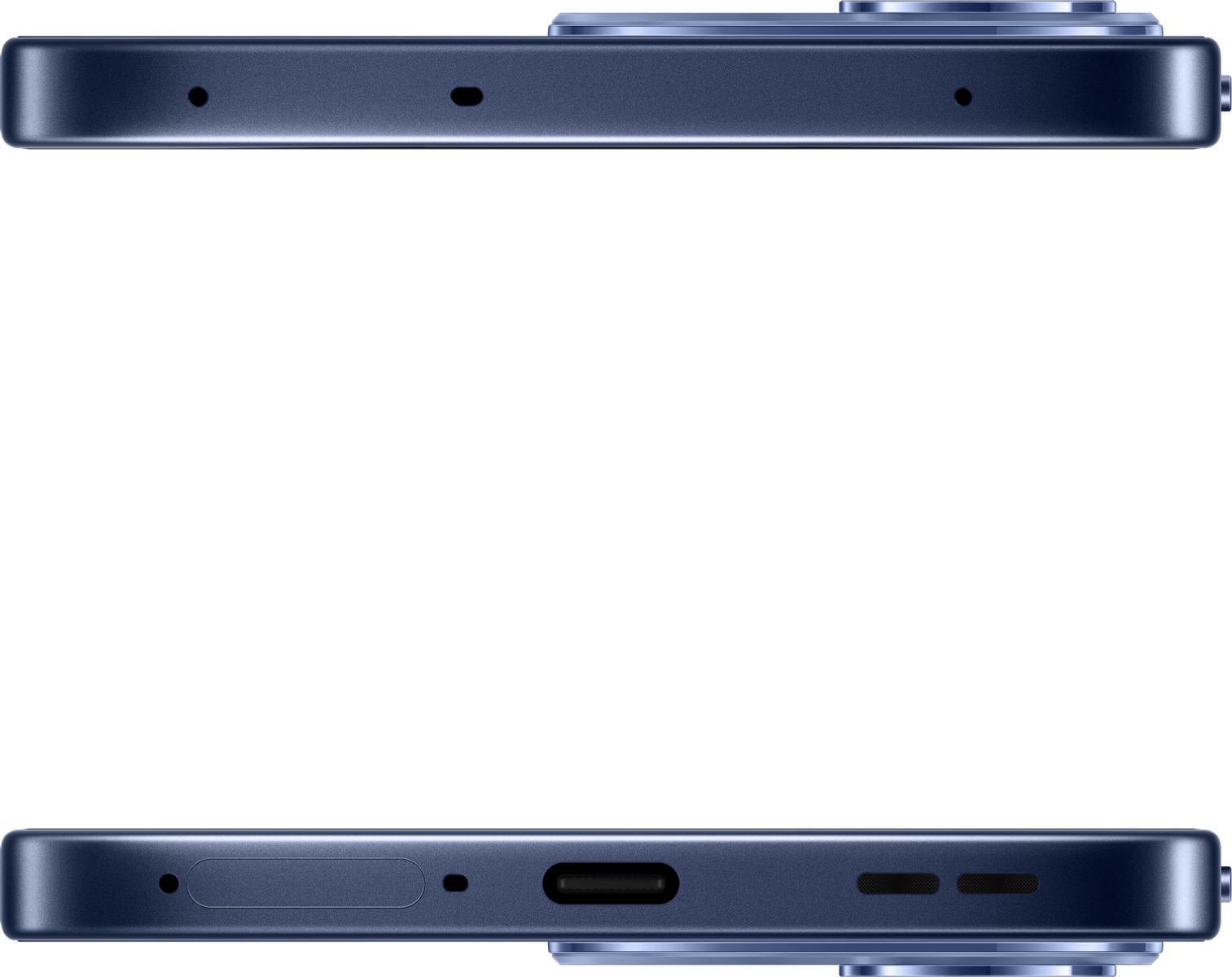 Primo piano dei bordi superiore e inferiore di uno smartphone blu, con porte.