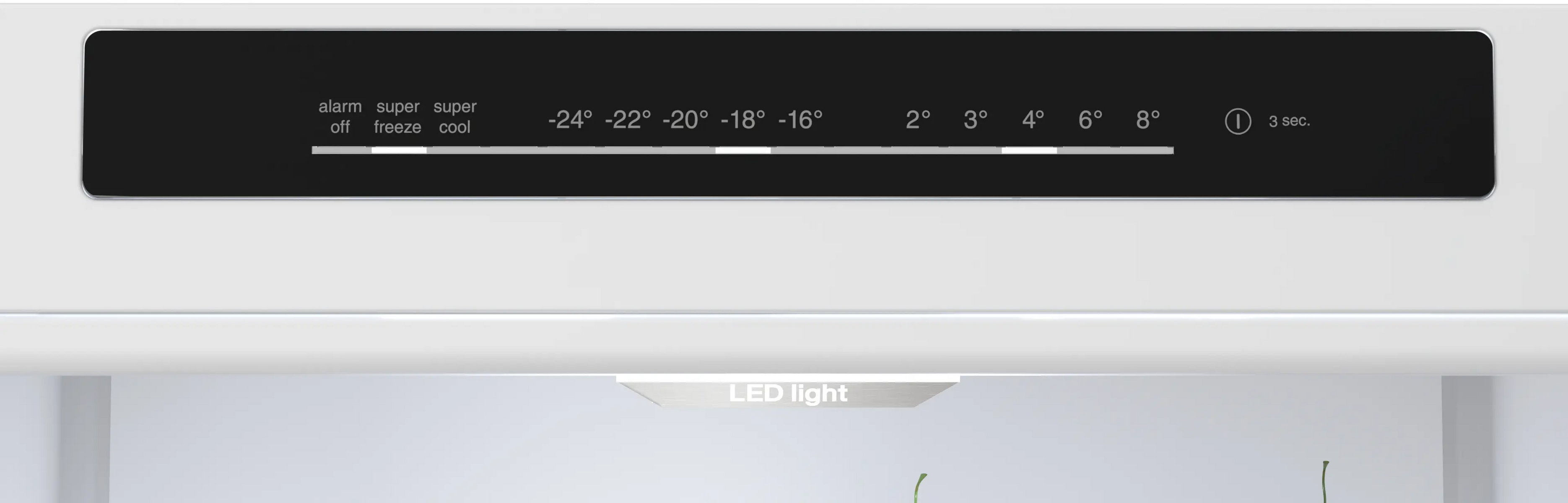 Display digitale con impostazioni di temperatura e funzione allarme.