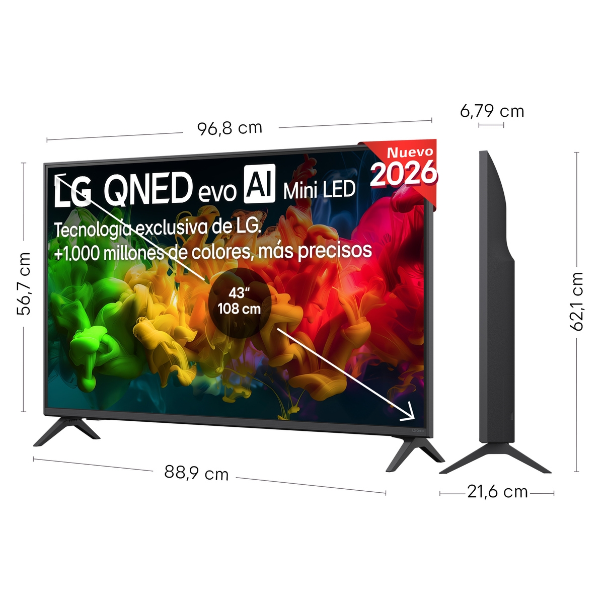 Un televisor LG QNED Mini LED de 43 pulgadas, mostrando colores vibrantes y medidas.