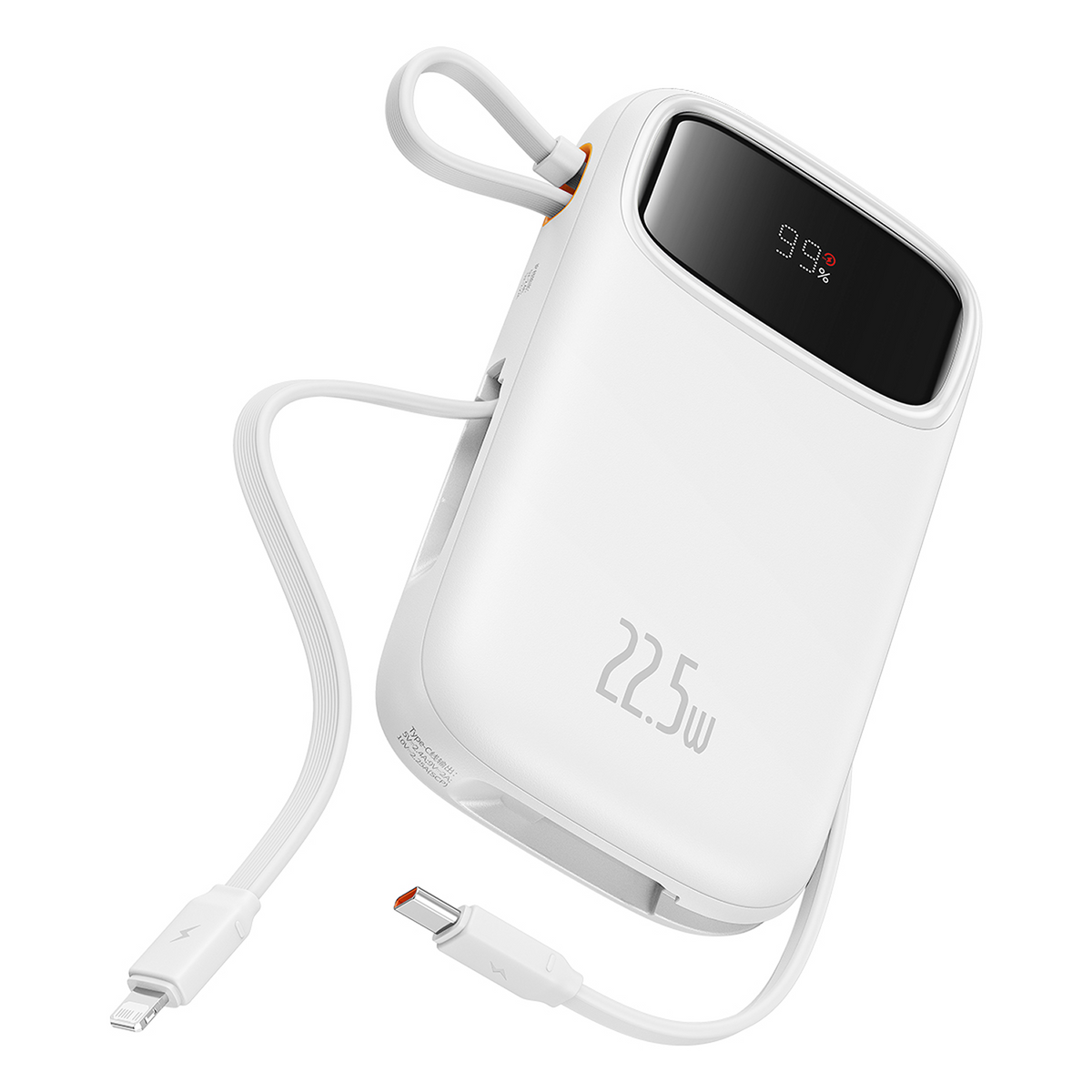 Un dispositivo de batería externa blanco con pantalla digital que muestra 99%.