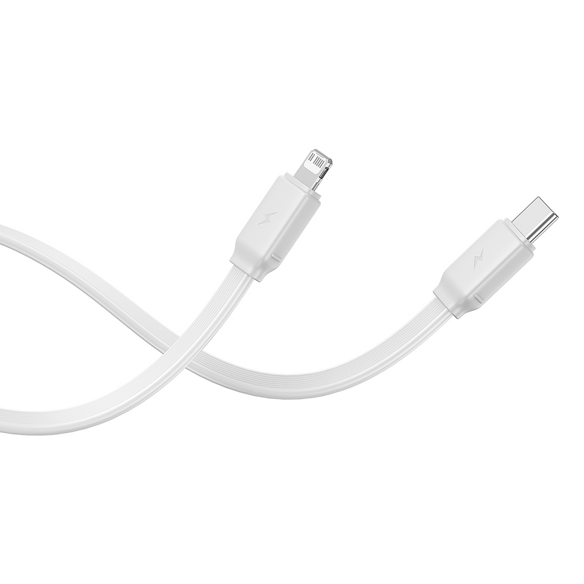 Un cable de carga blanco con conectores Lightning y USB-C sobre fondo blanco.