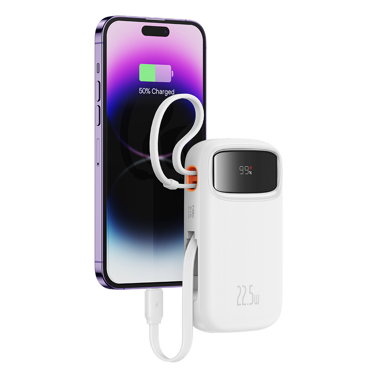 Un smartphone morado se carga con un power bank blanco.