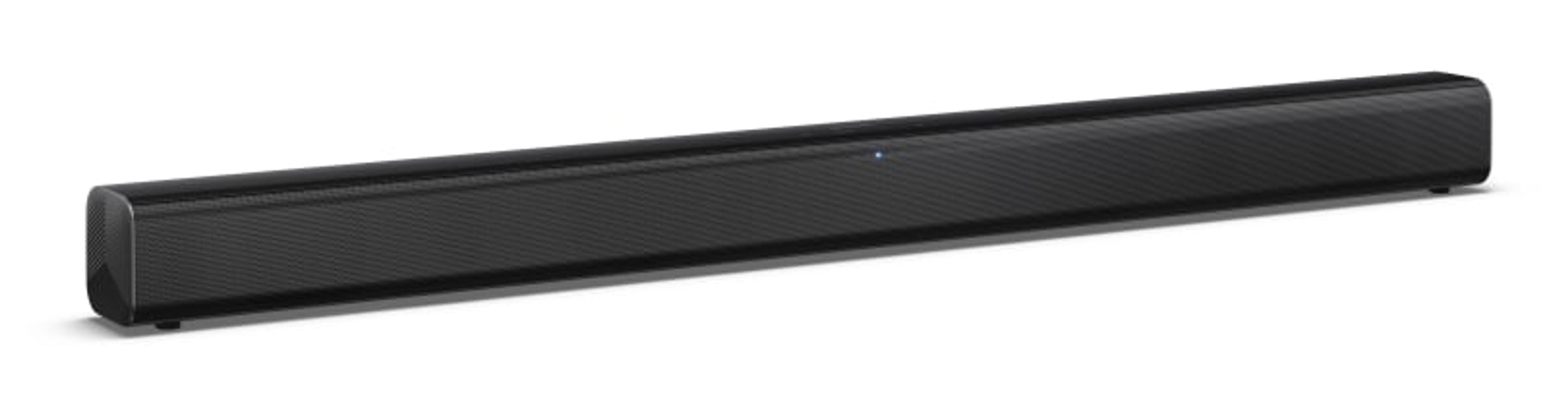 Ein schwarzer, rechteckiger Soundbar mit einer gemusterten Vorderseite und einem blauen Licht.