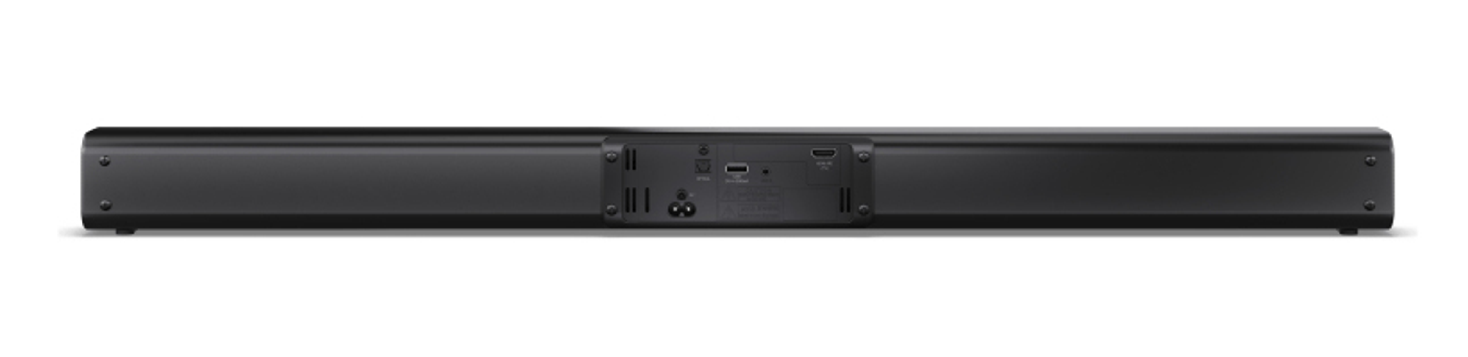 Rückseite einer schwarzen Soundbar mit Anschlüssen: Strom, HDMI, USB.