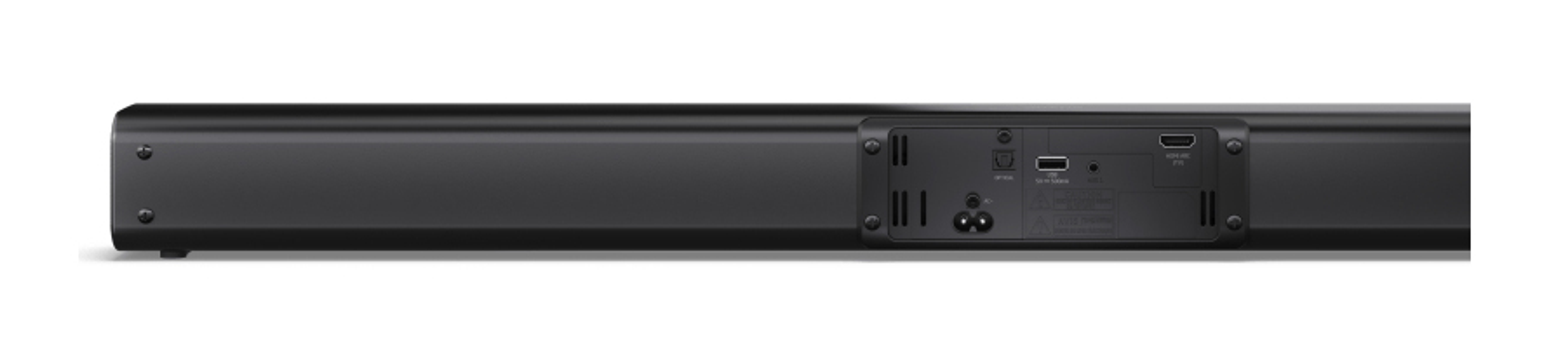 Die Rückseite eines schwarzen Soundbars mit Anschlüssen: HDMI ARC, USB, optisch und Netzteil.