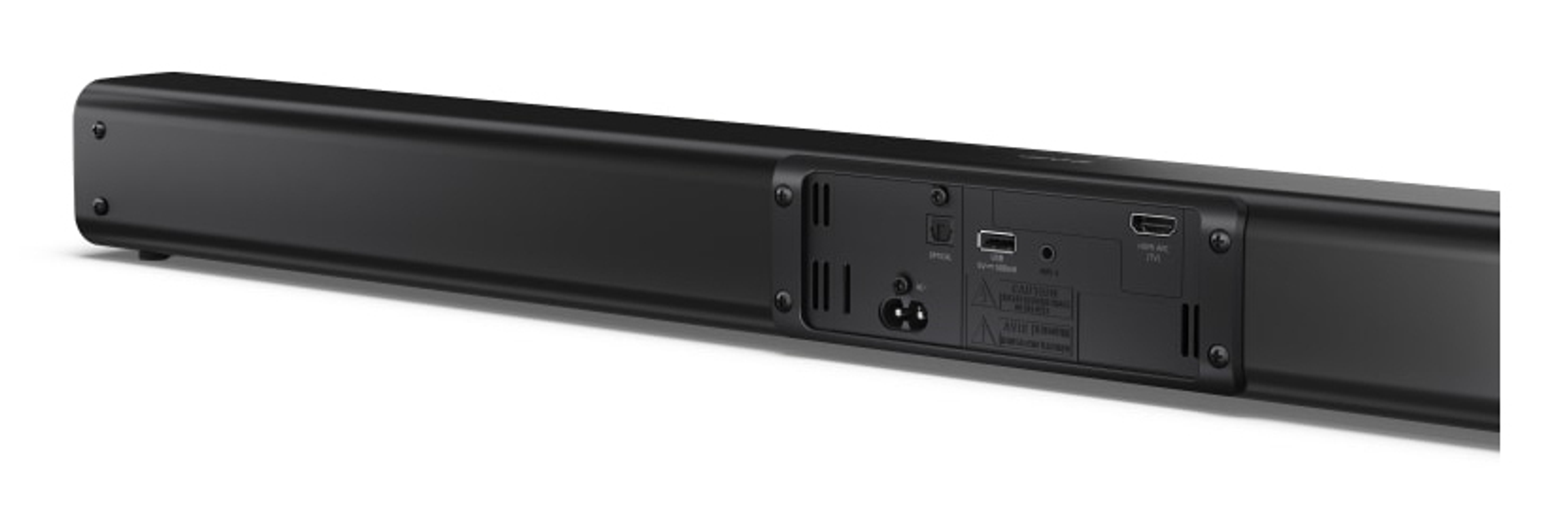 Rückseite einer schwarzen Soundbar mit Anschlüssen: optisch, USB, HDMI ARC.