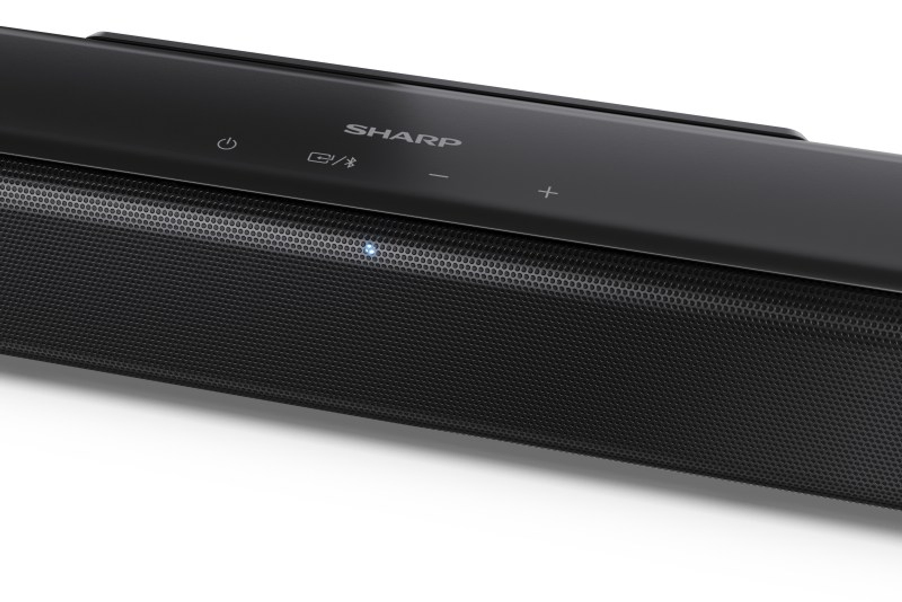 Schwarzer Sharp Soundbar mit Bedienknöpfen und Lautsprechergitter.