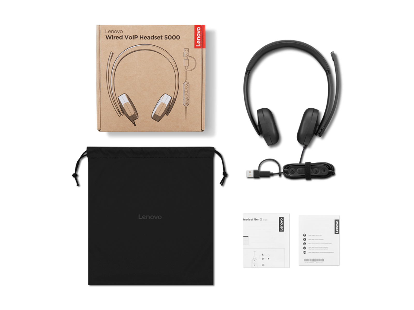 Sono esposti un auricolare cablato Lenovo, accessori e confezione.