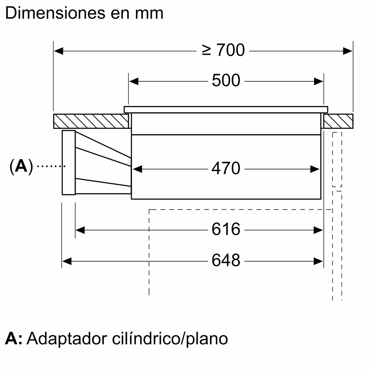 Disegno tecnico mostra dimensioni in mm. Un adattatore (A) è raffigurato.