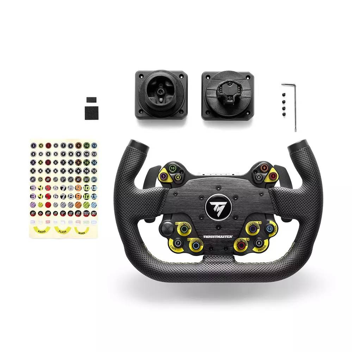 Een Thrustmaster racestuur en accessoires op een witte achtergrond.