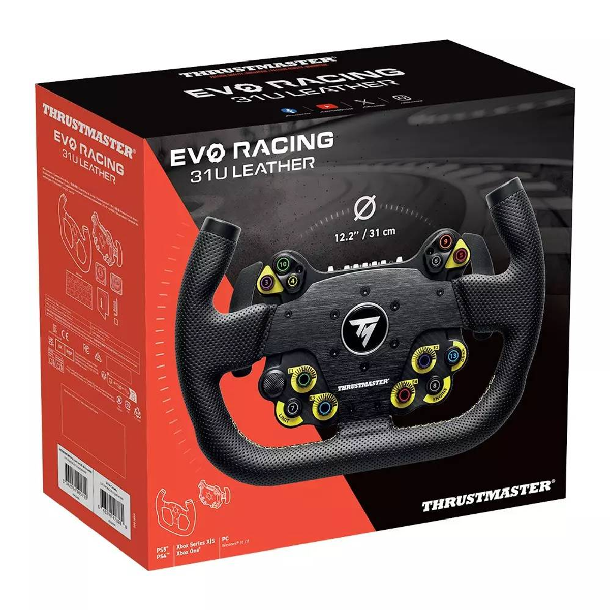 Thrustmaster EVO Racing 31U lederen racestuur op zwarte doos met oranje accenten.