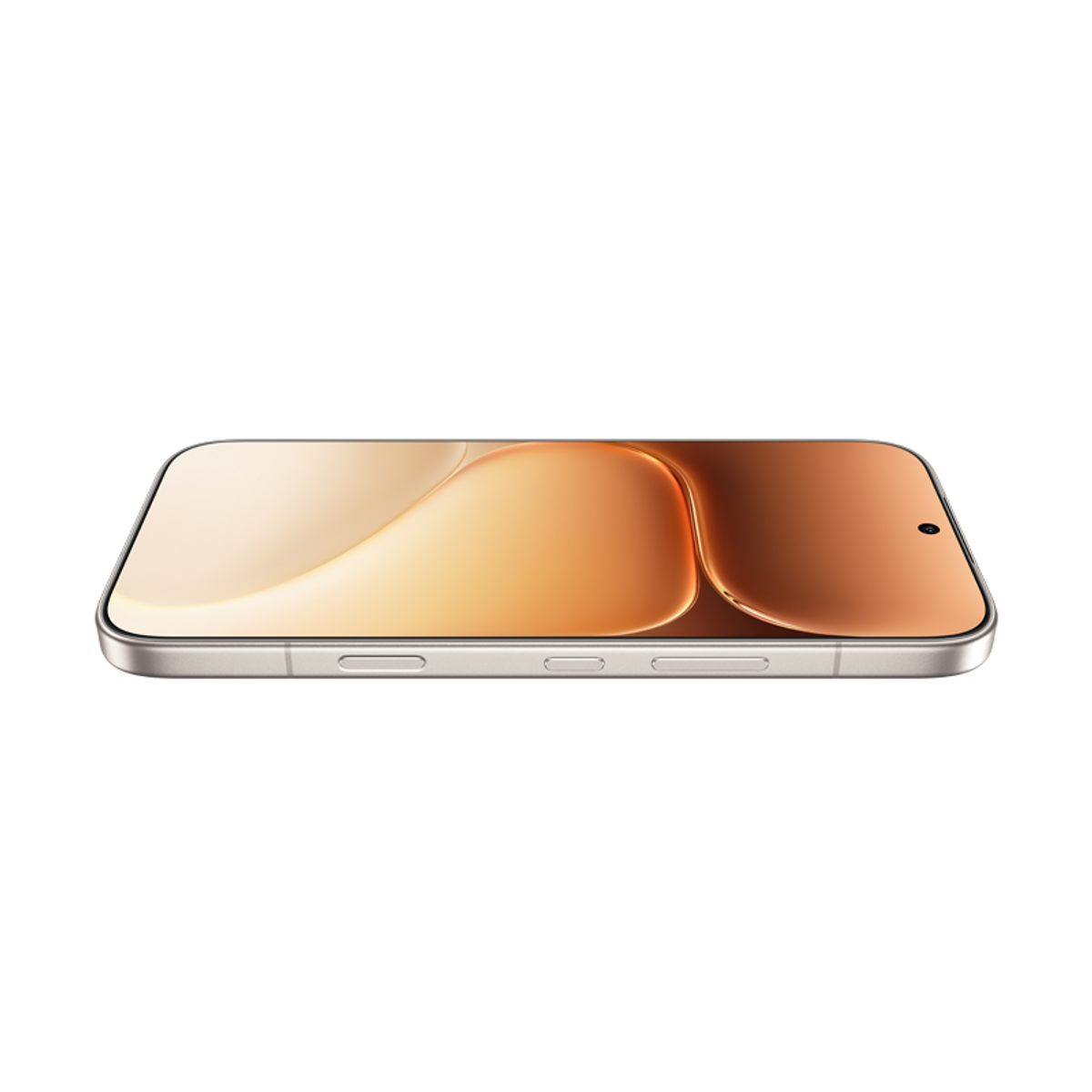 Ein modernes Smartphone in Silber mit einem geschwungenen, goldenen Bildschirm.