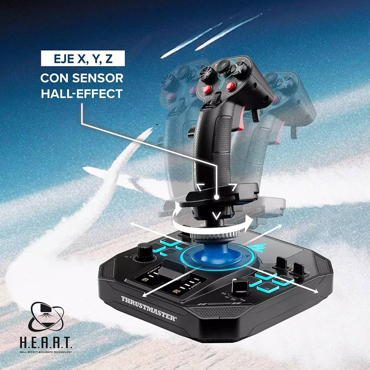 Un joystick nero con pulsanti illuminati blu e logo H.E.A.R.T.