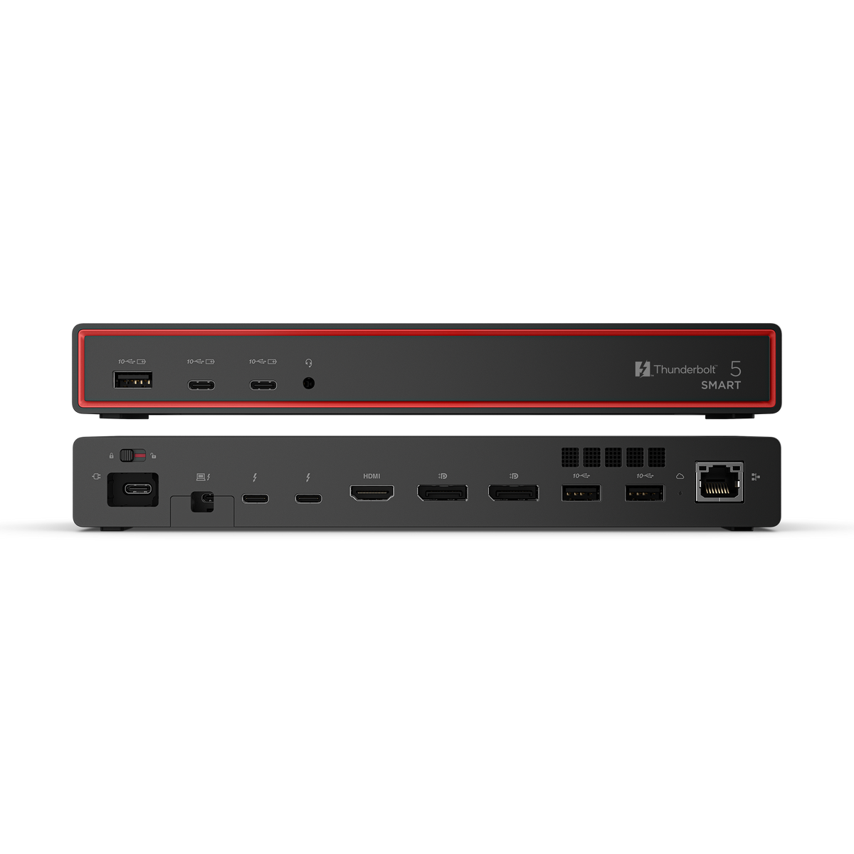 Un elegante dock scuro con logo Thunderbolt 5. Porte anteriori e posteriori.