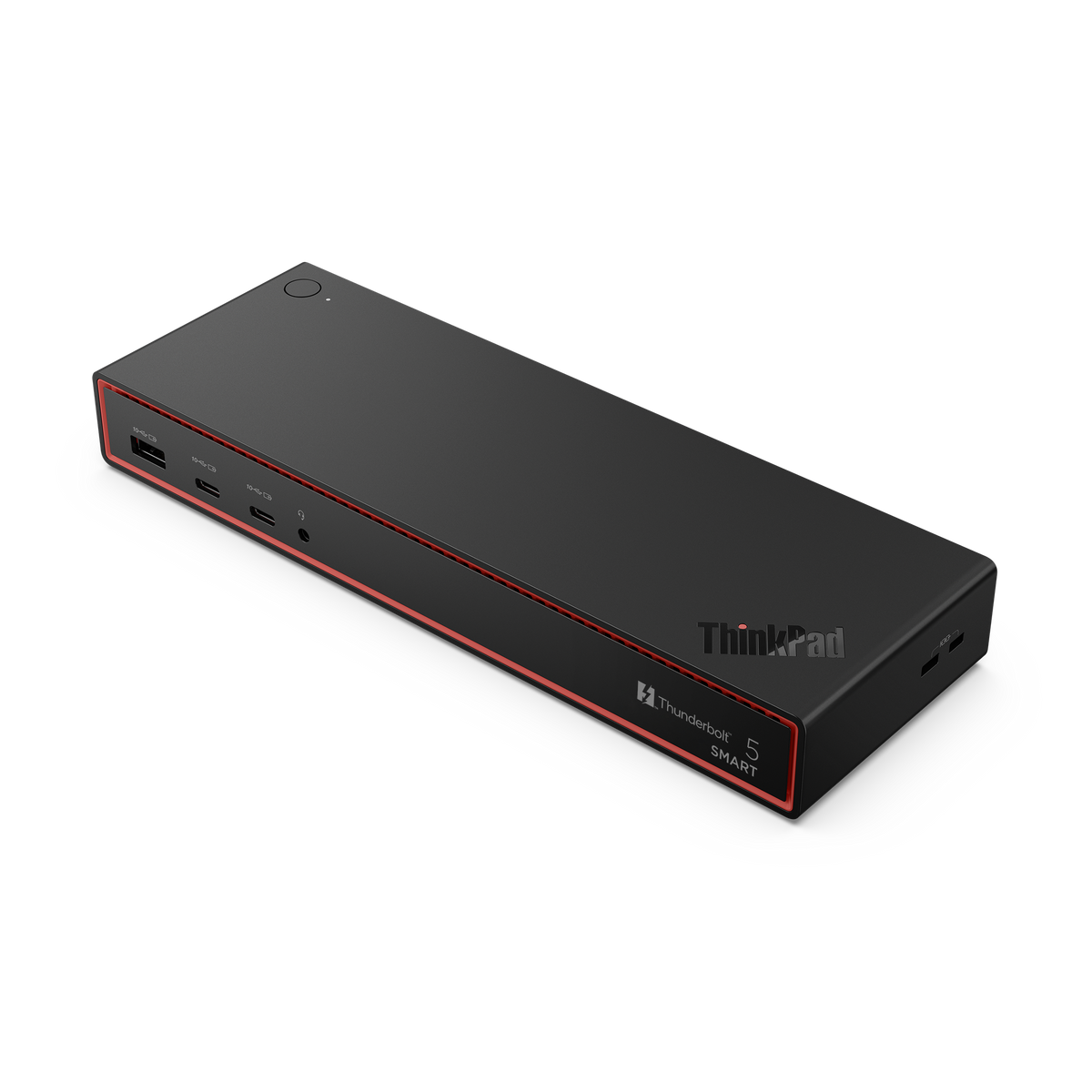 Docking station nera ThinkPad Thunderbolt 5 con accento rosso e porte.