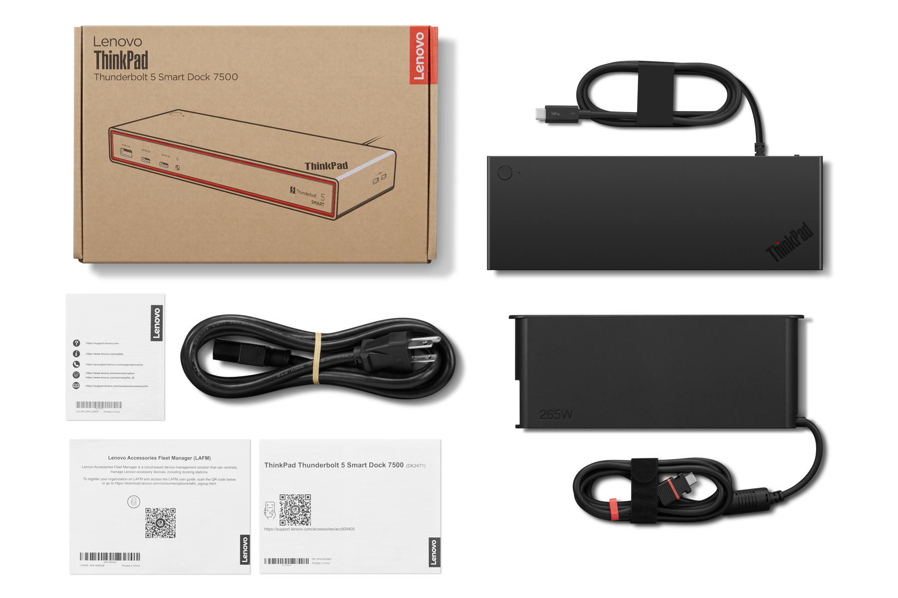 Dock Lenovo ThinkPad Thunderbolt 5, alimentatore e cavi su sfondo nero.