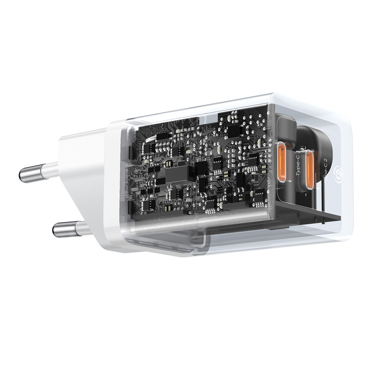 Cargador transparente con circuito interno visible y dos puertos Type-C naranjas.