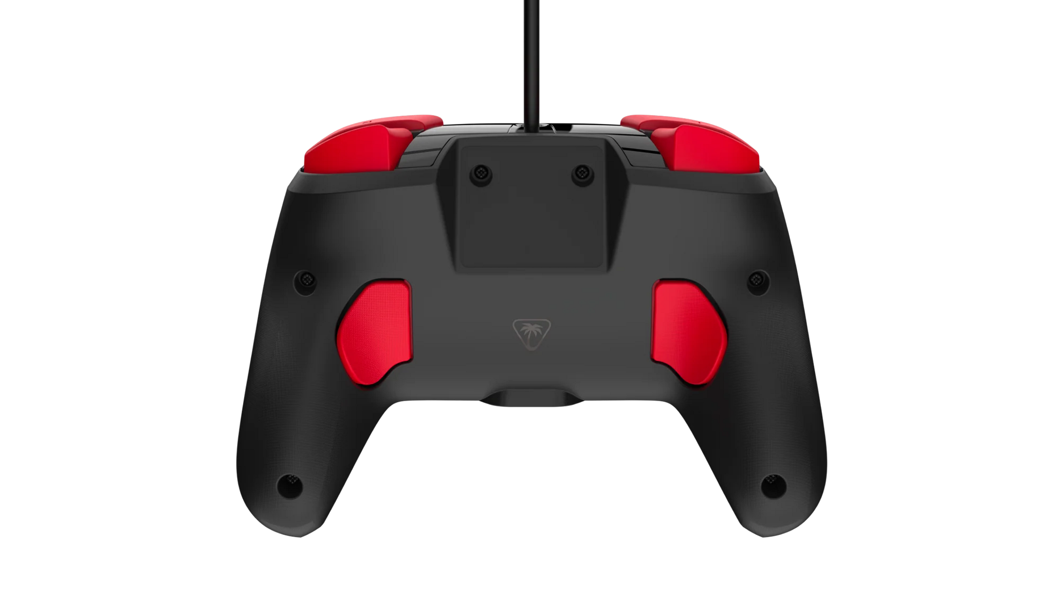 Schwarzer Controller mit roten Akzenten, von hinten gezeigt.