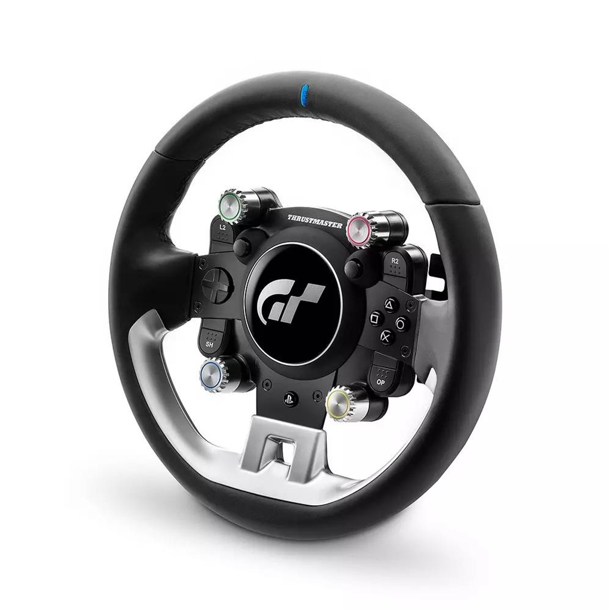 A black racing wheel with silver accents, buttons, and a central logo.