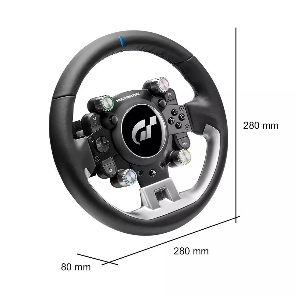 Black steering wheel with silver accents and controls. Dimensions 280x280x80mm.