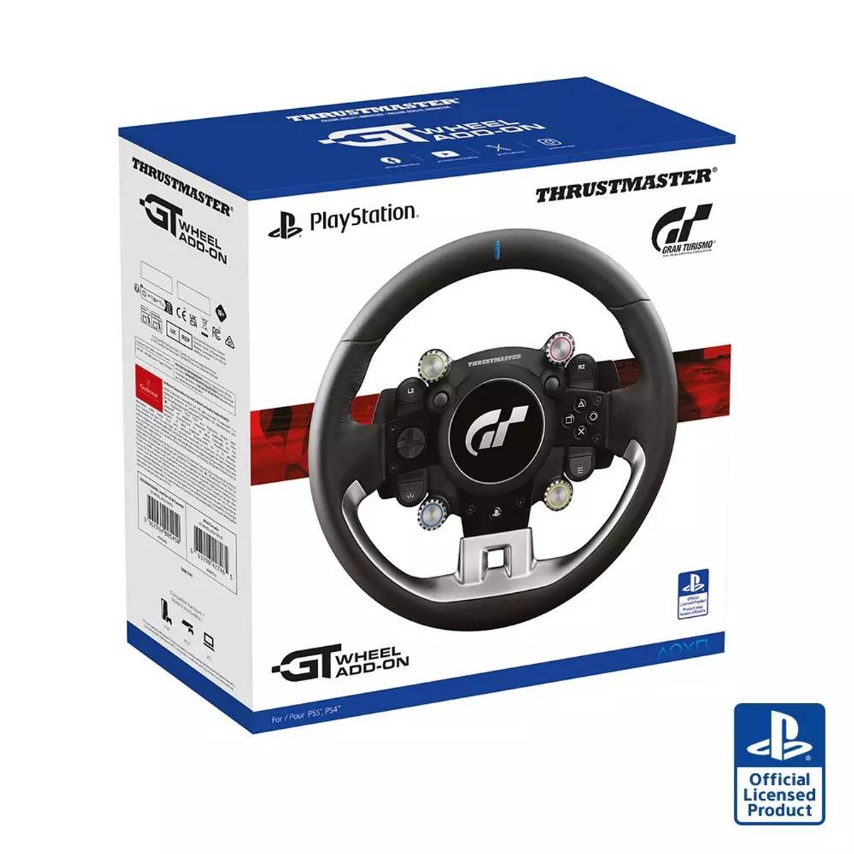 Thrustmaster GT Wheel Add-On racing wheel and box, PlayStation logo.