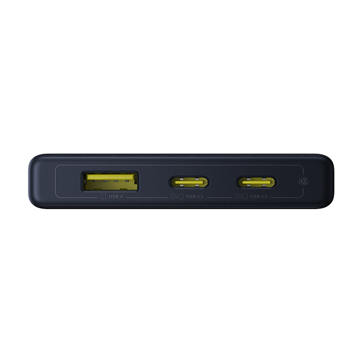Carcasa negra de power bank con un puerto USB-A y dos puertos USB-C.