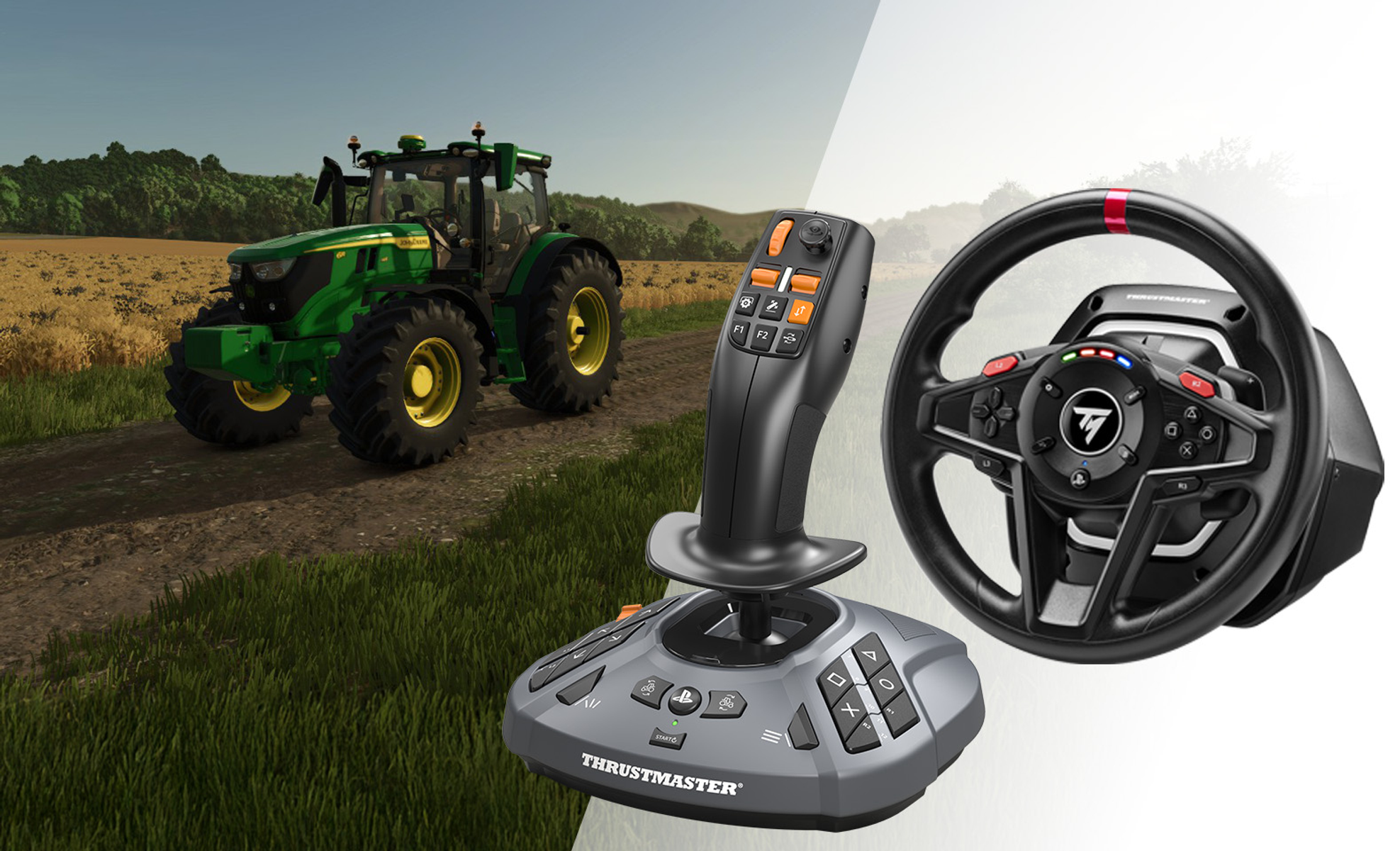 Een groene tractor op een onverharde weg. Een joystick en een stuur worden getoond.
