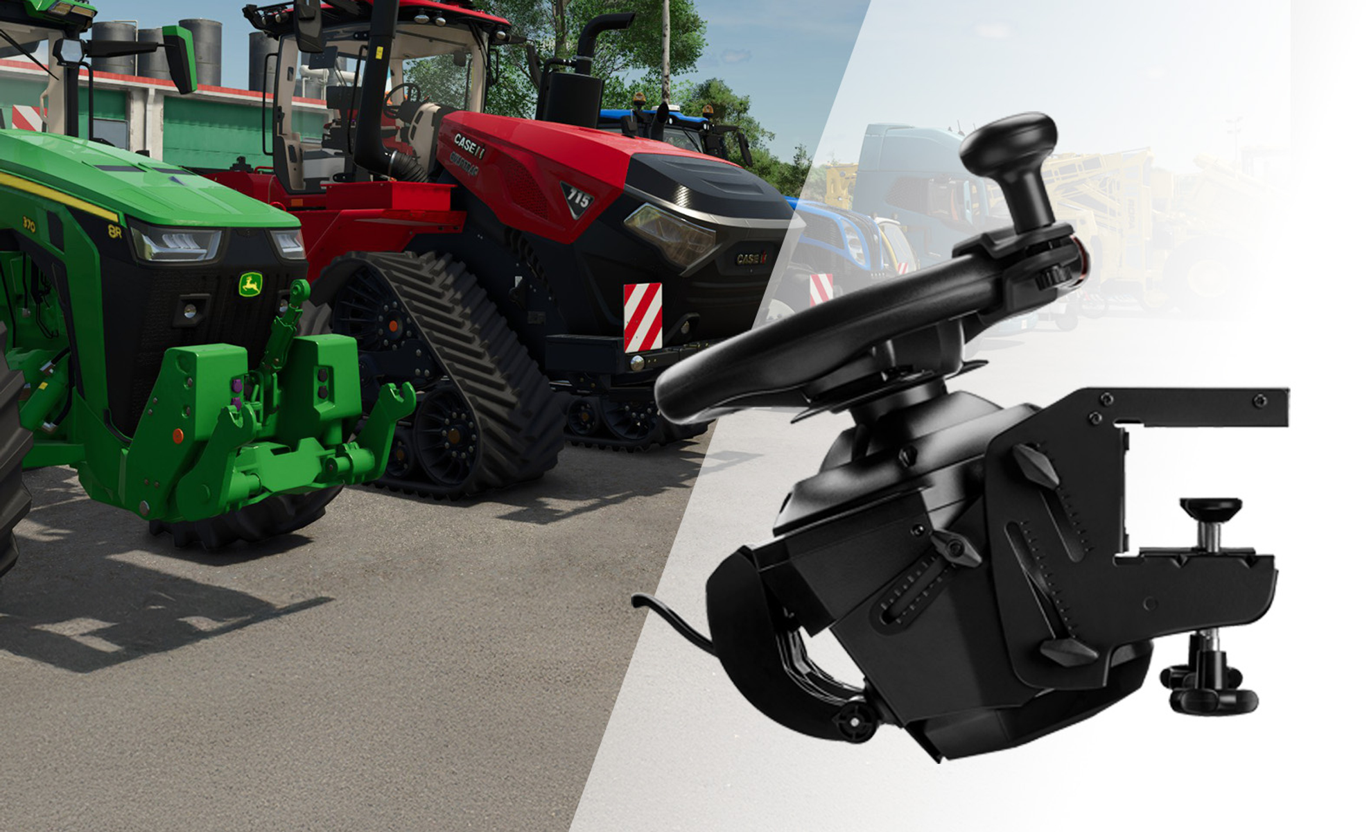 Twee tractoren en een zwart stuurwielaccessoire met klem.