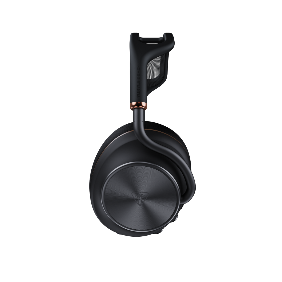 Schwarze Kopfhörer mit kupferfarbenen Akzenten und einem Turtle Beach Logo auf dem Hörer.